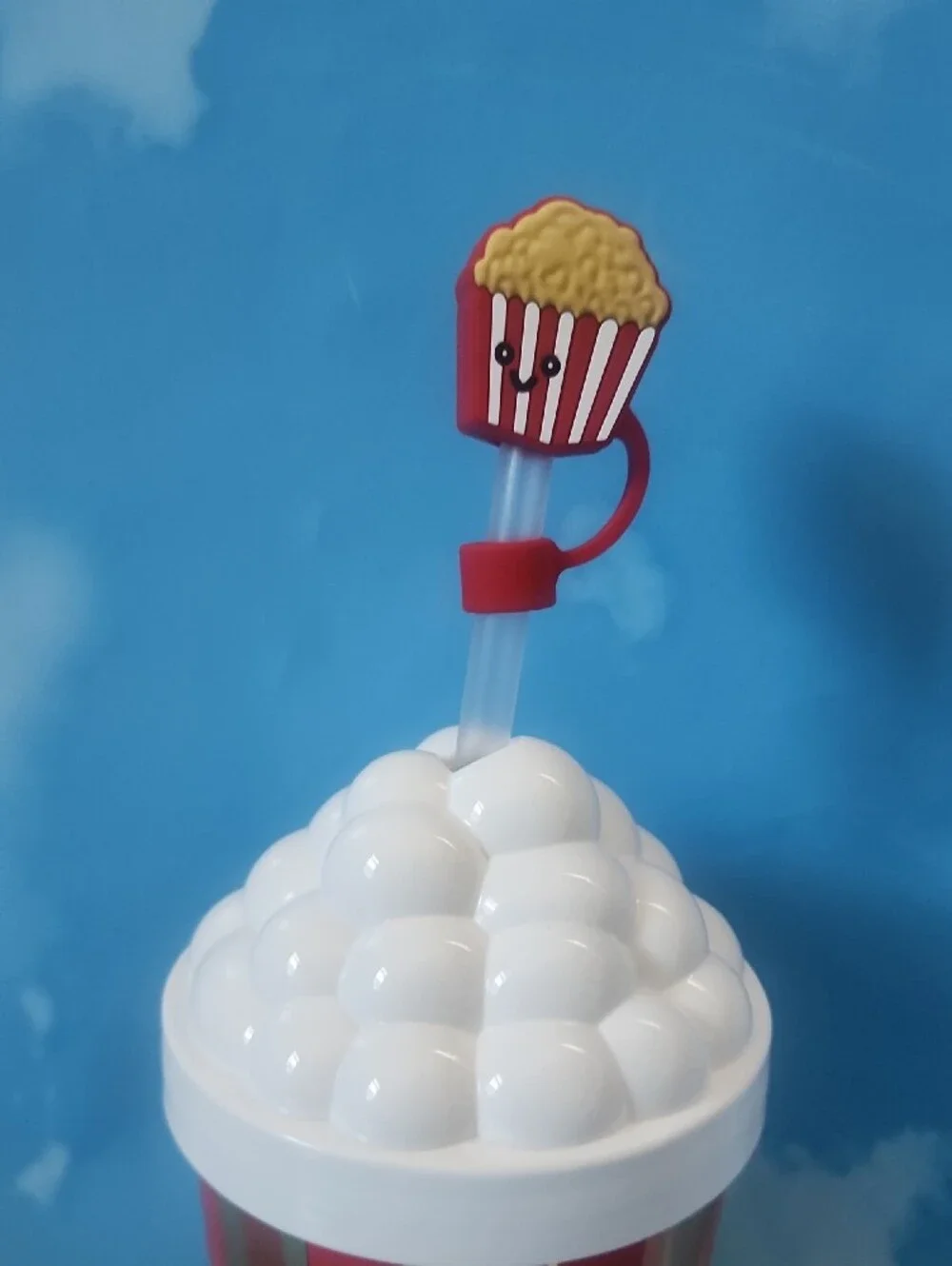 Popcorn-Themed Reusable Party Cup with White Lid and Red Stripes